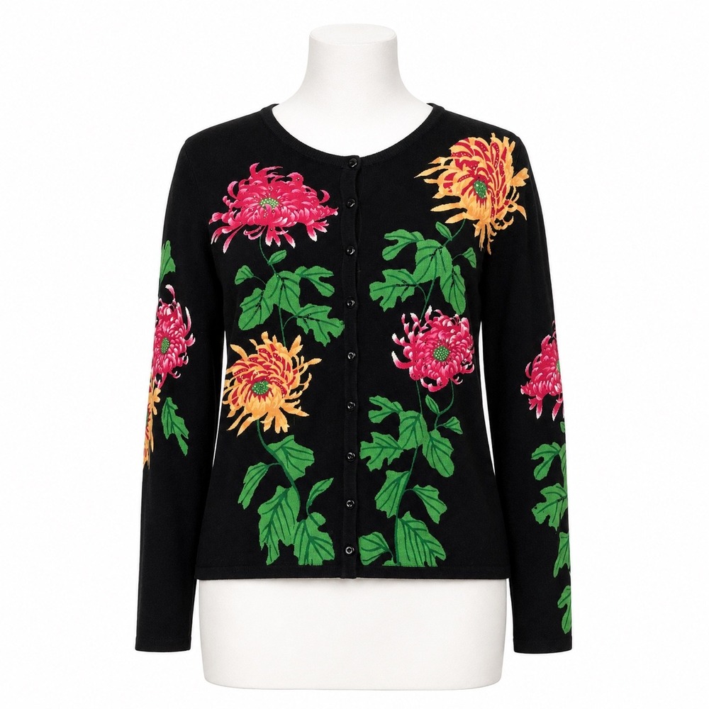 Elizabeth New York Cardigan Women Large Black Floral Beaded Sequin Chrysanthemum